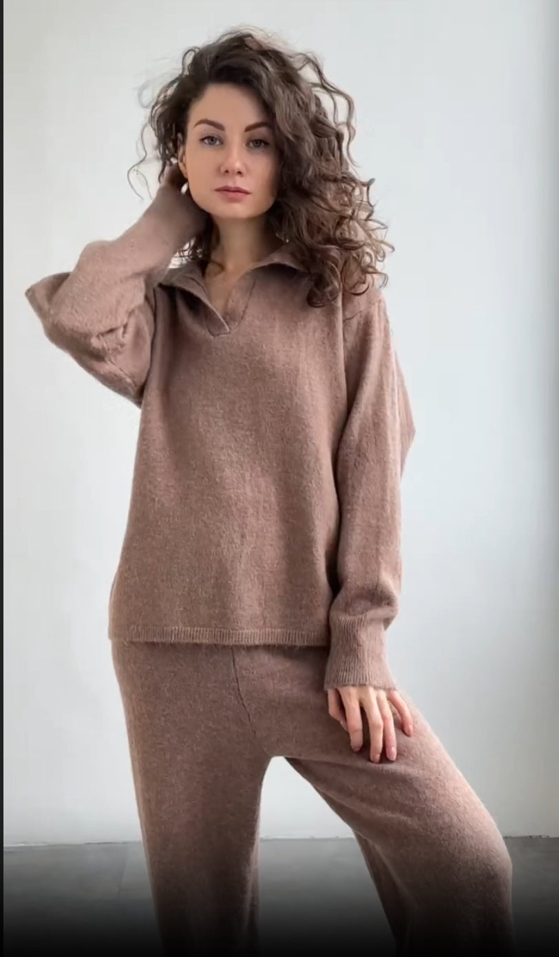 Conjunto de suéter con solapa de color liso para mujer