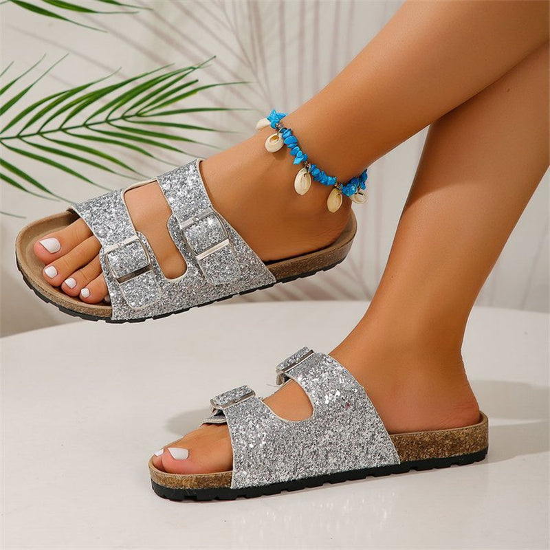 Women's Double Buckle Sequined Sandals