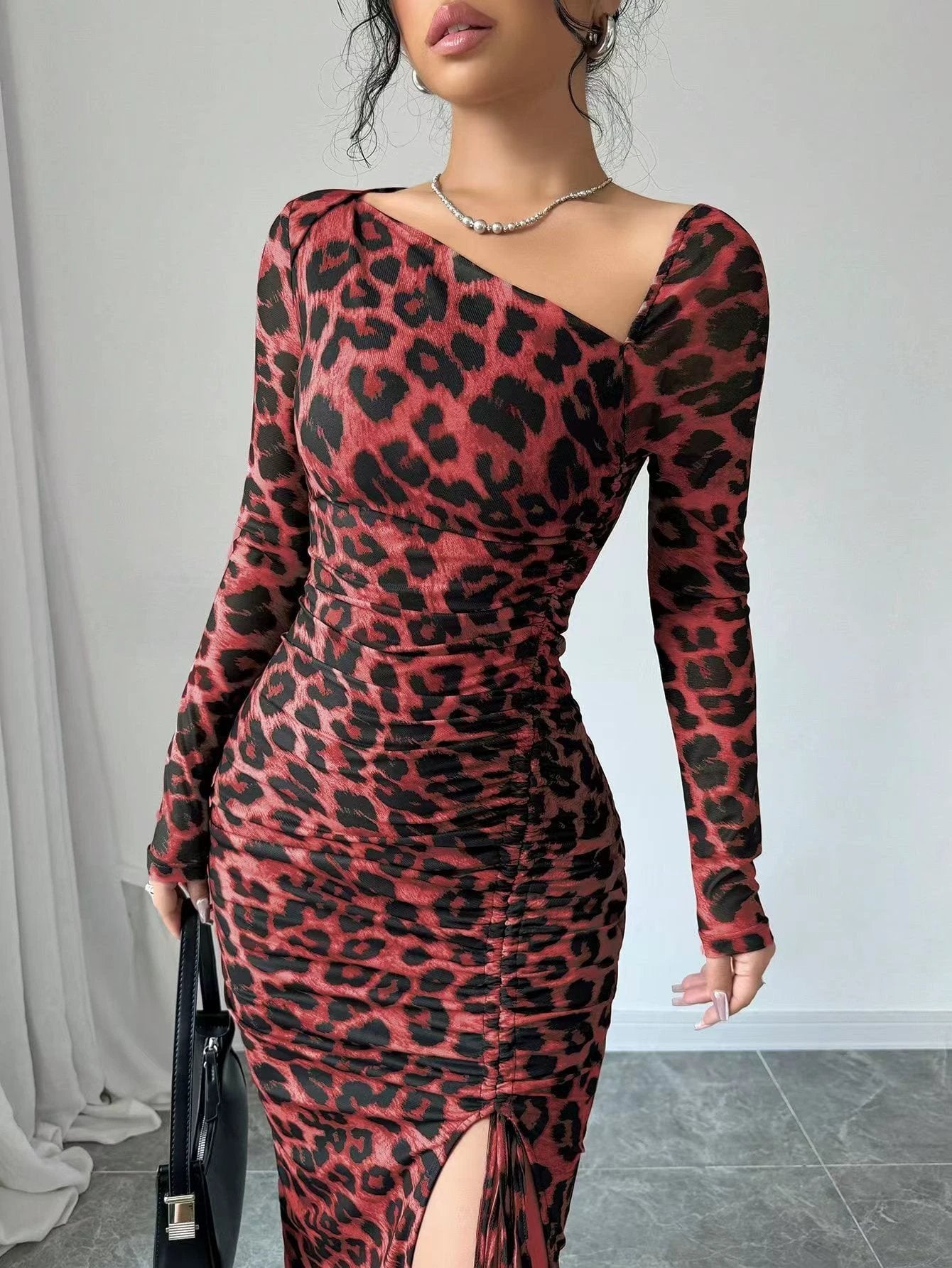 New Women's irregular V-Neck Long Sleeve Sexy Leopard Print Dress