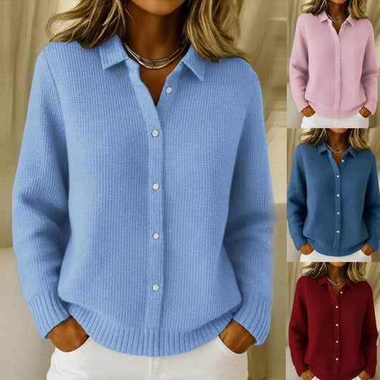 Suéter de moda casual con botones y cuello de solapa para mujer, suéteres de punto de manga larga, tops, jersey de invierno. Consulta la tabla de tallas en "más detalles"