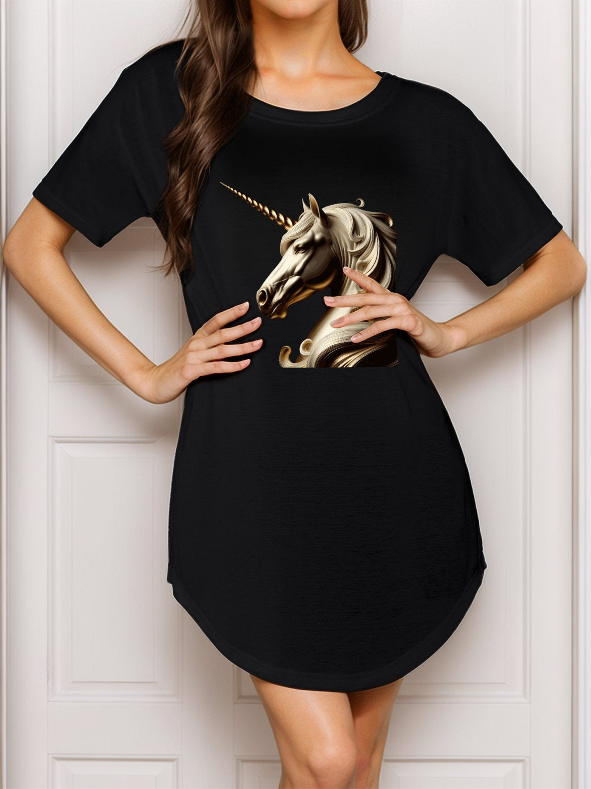 Golden Unicorn Casual Summer T-Shirt Dress for Women (Front Printing)