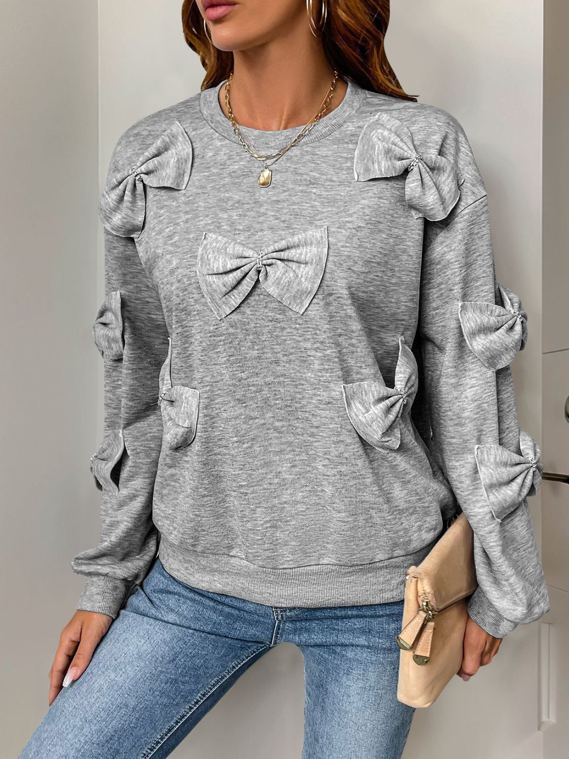 Sudadera Perfee de cuello redondo con lazo y manga larga