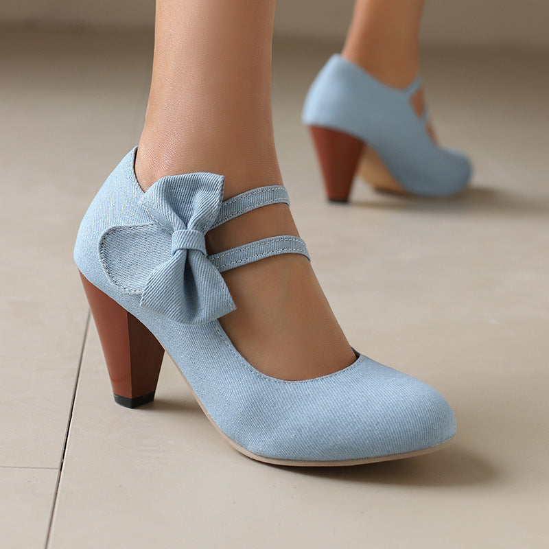 Round Toe High Heels Denim Bow See size chart under “more details”