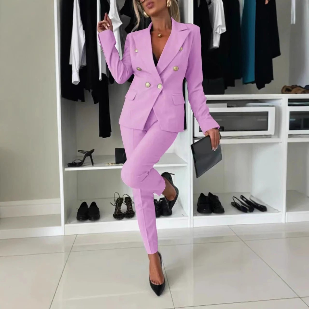 New All-matching Casual Suit Lapel Button-down Jacket And Slim-fit Trousers For Women's Office Business Set Clothing