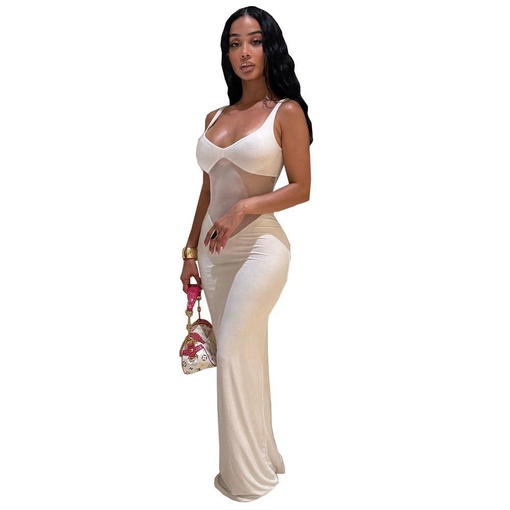 Sexy Patchwork Mesh Solid Color And V-neck Long See-through Dress