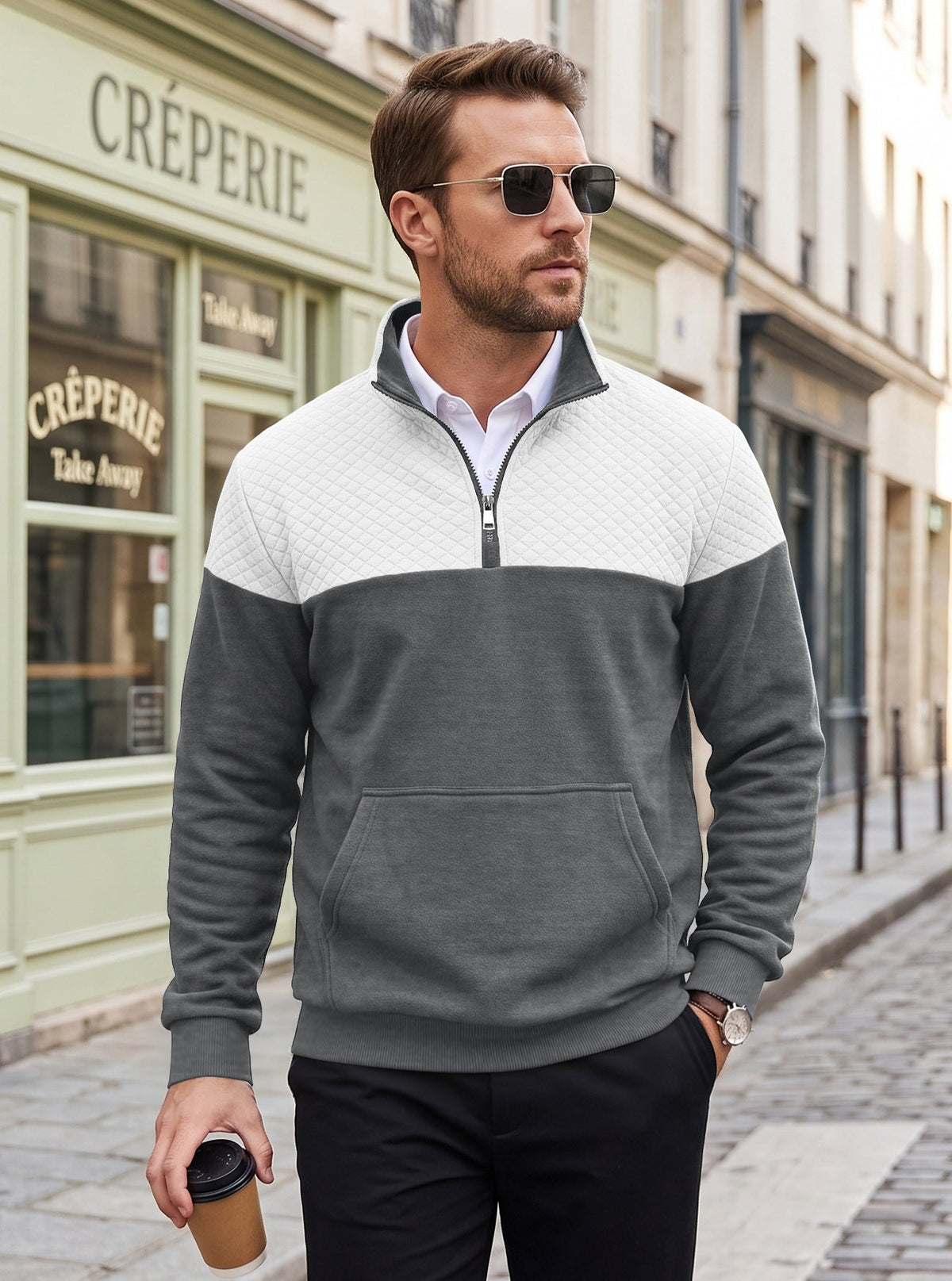 Cross Border American Men's Waffle Casual Stand Collar Zipper Pullover Small Square Long Sleeve Sweater TK Rhombus Jacket