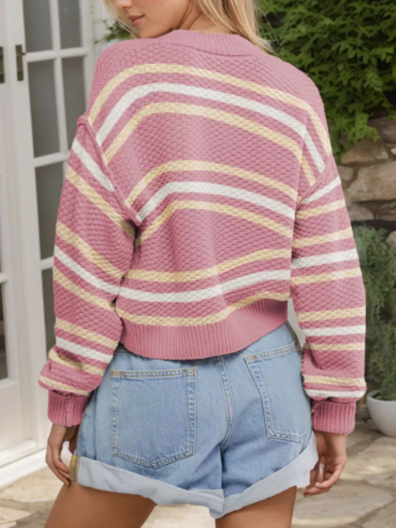 Cropped Striped Button-Down Knit Cardigan