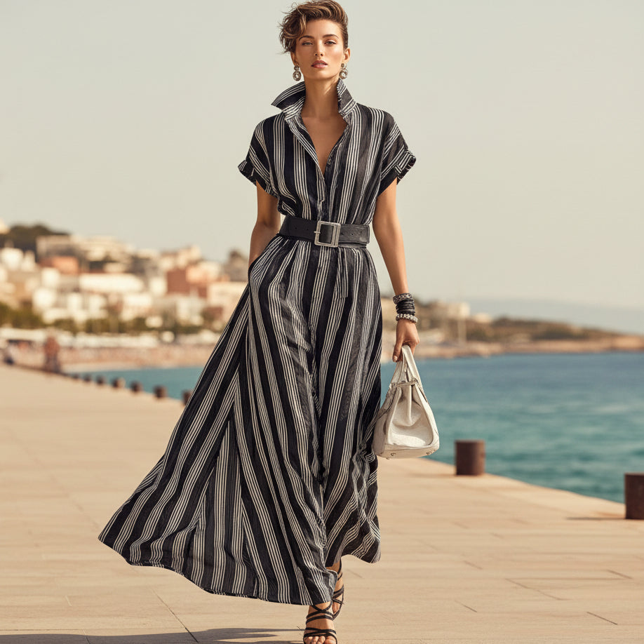 Women's Striped Long Sleeve Button-Up High Waist Flared Maxi Shirt Dress – Black & White