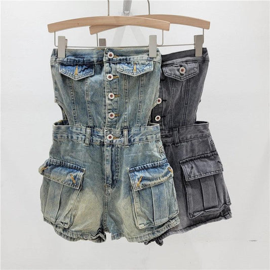 Top de tubo sin tirantes con abertura frontal y shorts vaqueros siameses para mujer