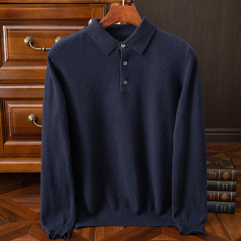 Mens Solid-Color Long-Sleeve All-Wool Polo-Neck Sweater