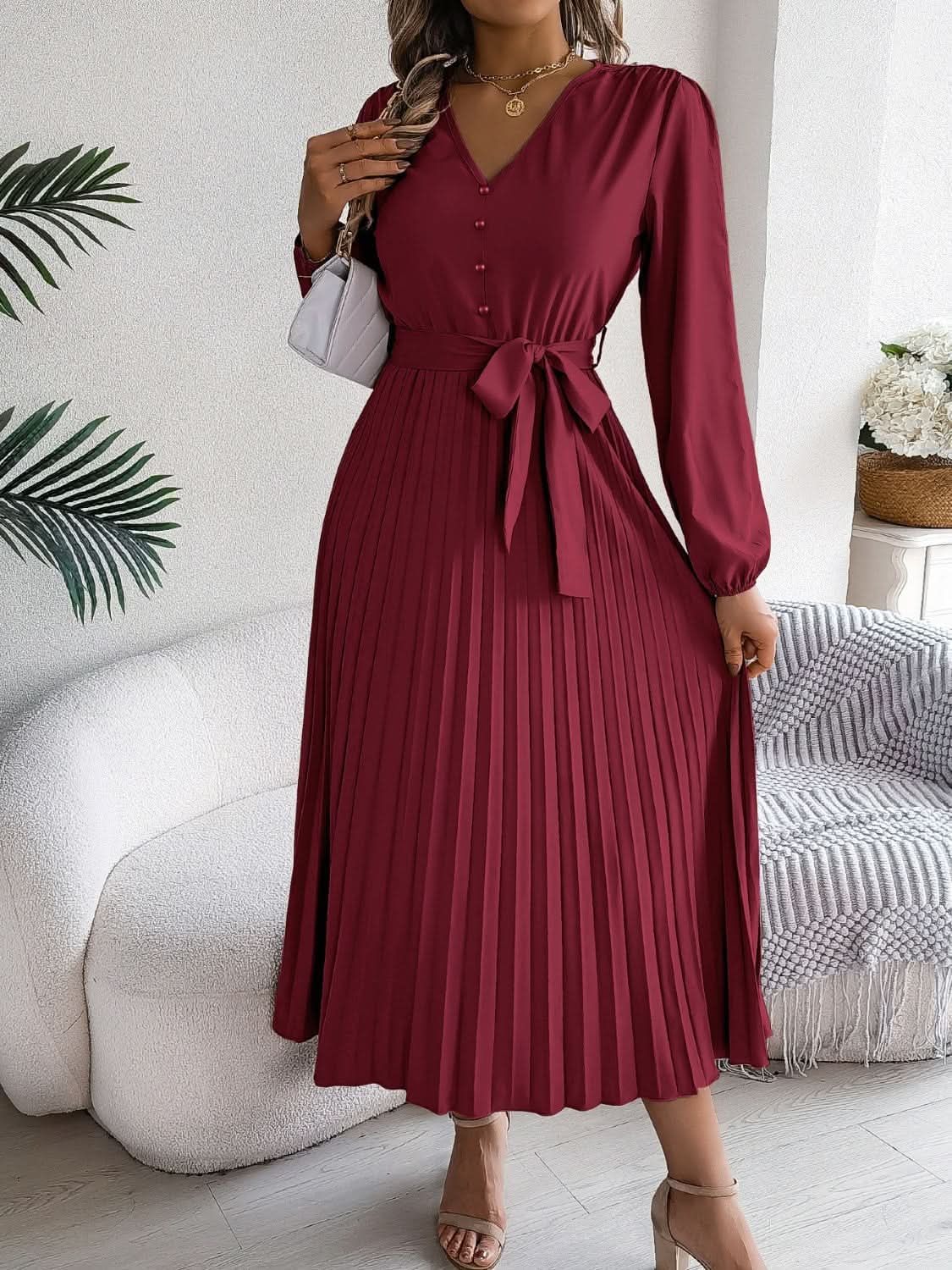 Dresses Trendsi V-Neck Dress Women's Elegant Long Sleeve Sheer Tie Dress Fashion