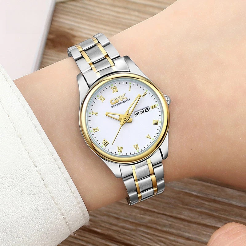 Women's 28mm Roman Numeral Day-Date Quartz Watch, Steel Bracelet