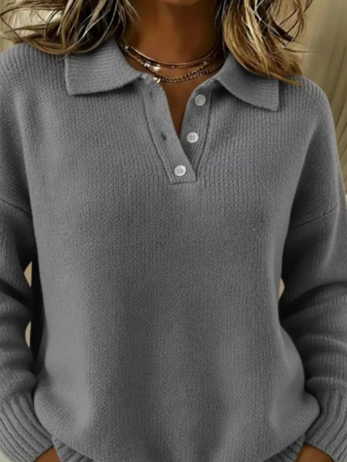Full Size Half Button Collar Drop Shoulder Sweater Plus Size