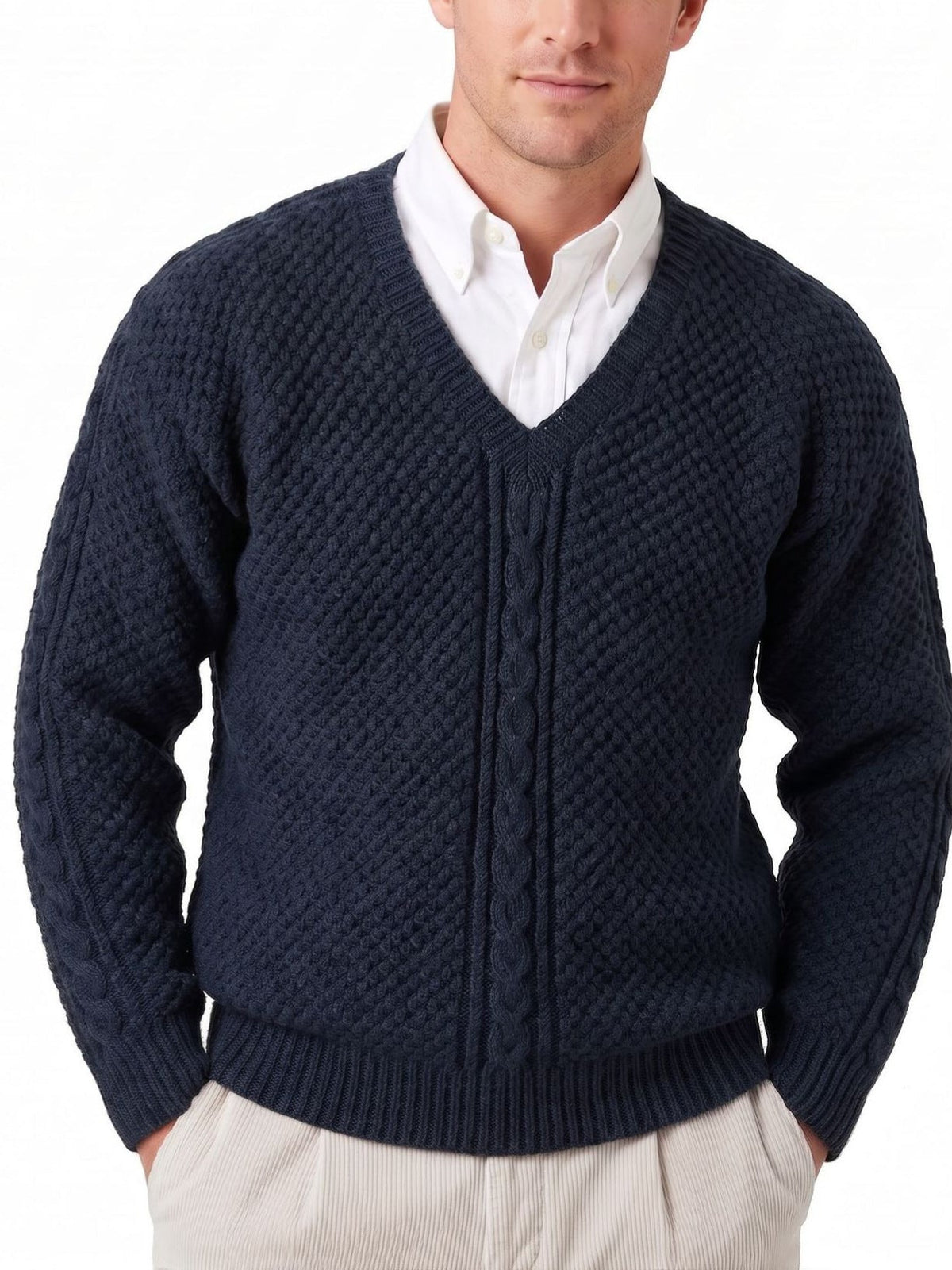 Mens V-neck Cable-Knit Solid-Color Sweater