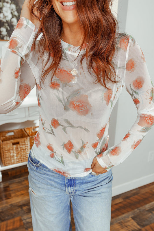 Top casual de manga larga de malla con cuello redondo y estampado floral