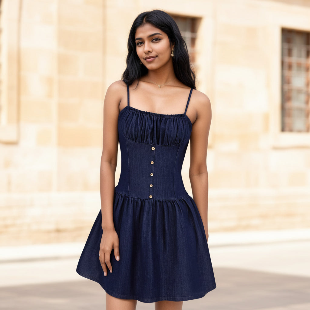 Women's One-Shoulder Sleeveless Fitted Mini Dress with Button Detail – Deep Blue