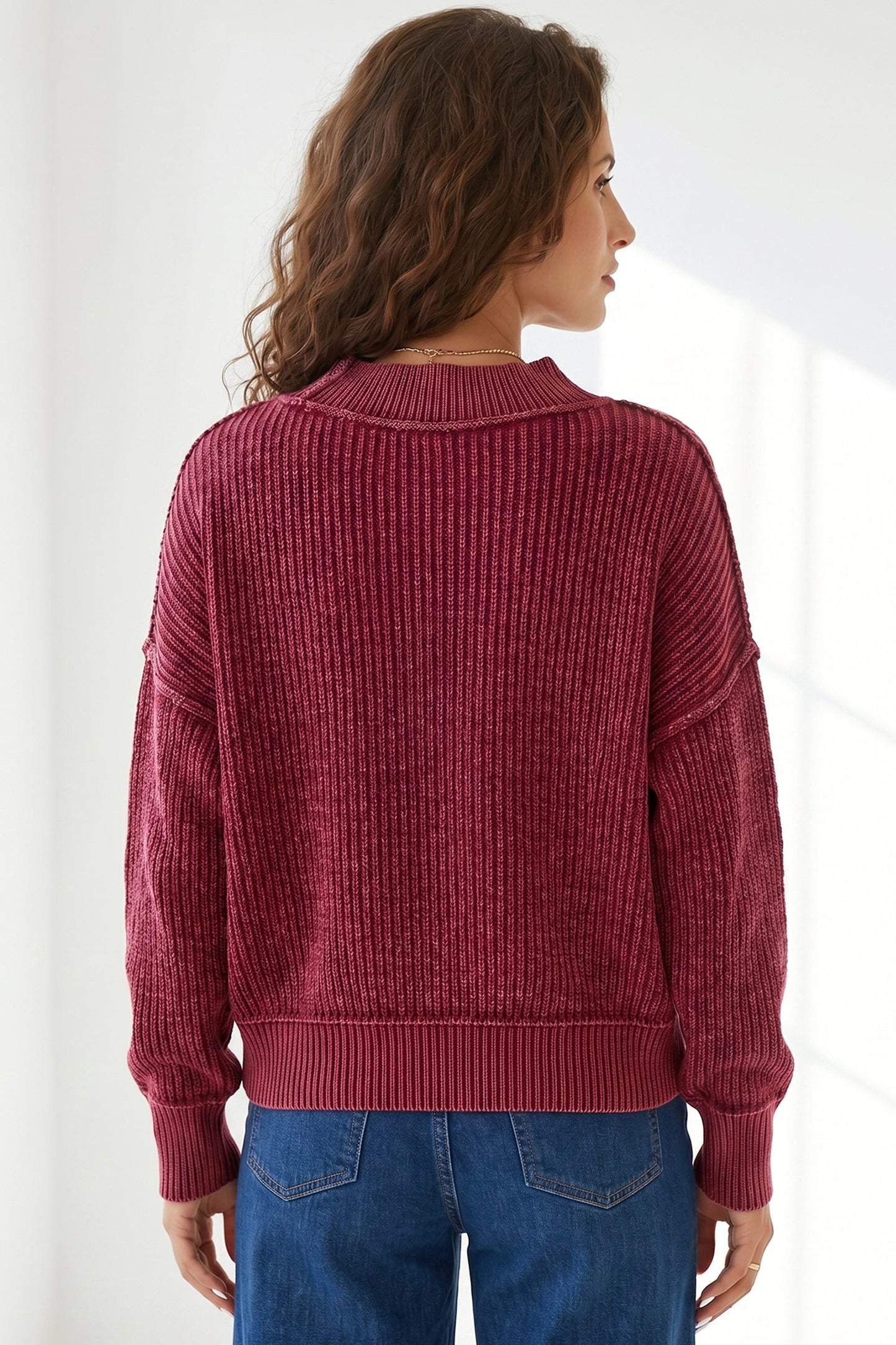 Red Dahlia Drop Shoulder High Neck Ribbed Sweater