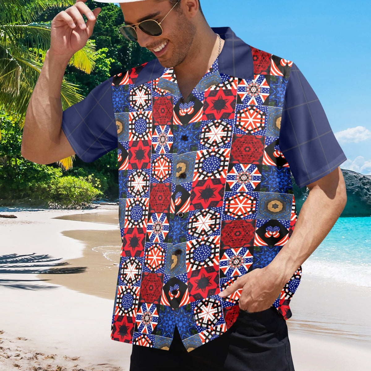 USA Pattern with Blue Sleeves Men's Printed Hawaiian Shirt (Made in USA)