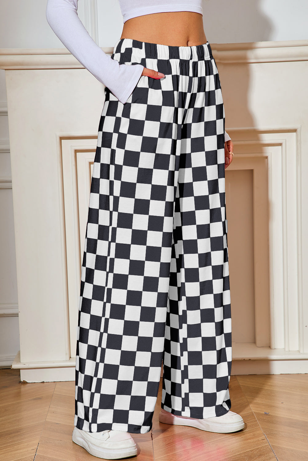 Pantalones de pata ancha de talle alto con estampado a cuadros verdes