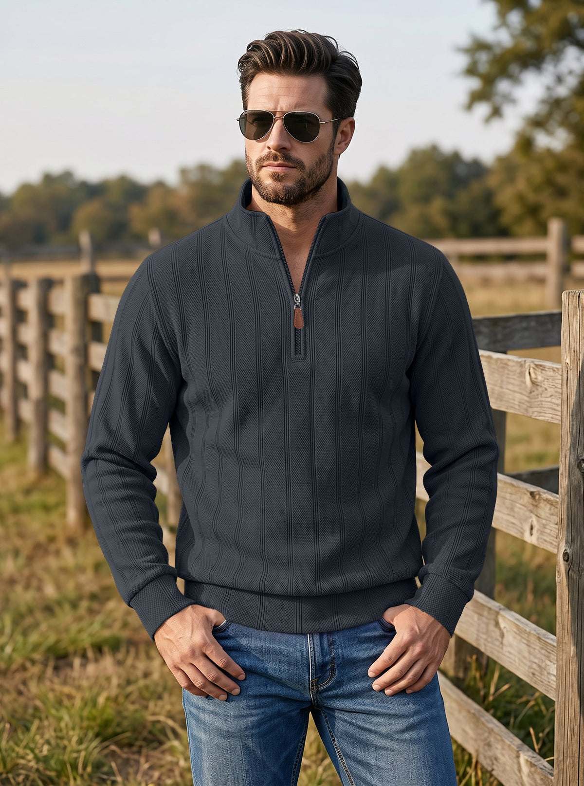 Cross-border TK Men's Vertical Stripe Waffle Half-Zip Stand Collar Long Sleeve Top, Solid Color Casual Pullover American Sweatshirt