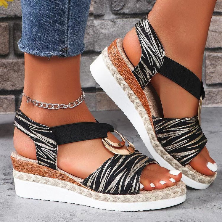 Women's Metal Buckle Hemp Rope Wedge Peep Sandals