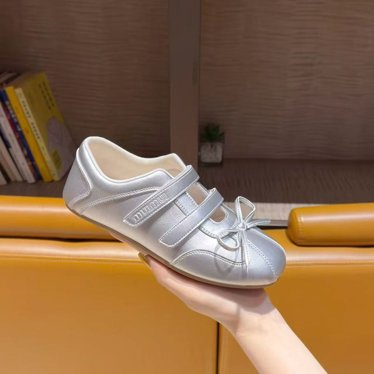 Women Y2K Metallic Double Strap Cutout Front Bow Ballet Flats, Round Toe Slip On Soft Shiny Leather Casual Daily Walking Doll Shoes