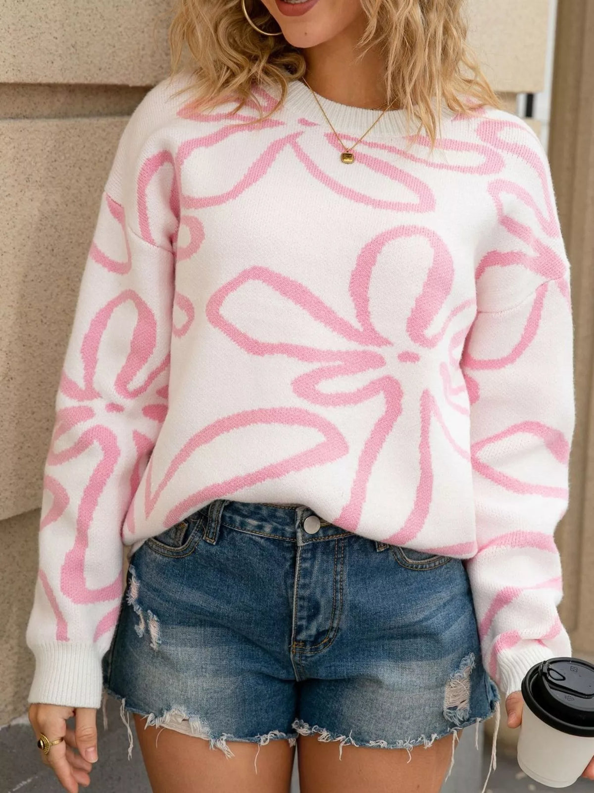 Flower Crew Neck Long Sleeve Sweater