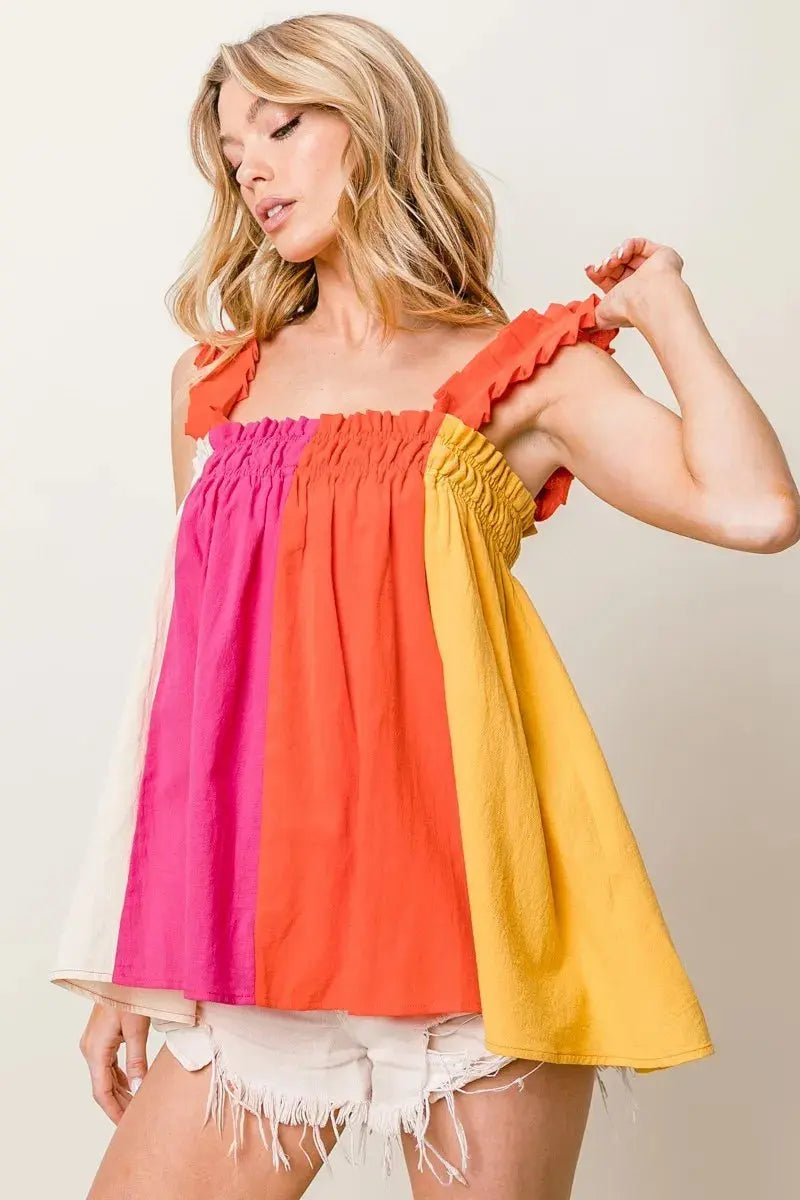 Tank Top - Color Block Frill Straps - Women's Casual