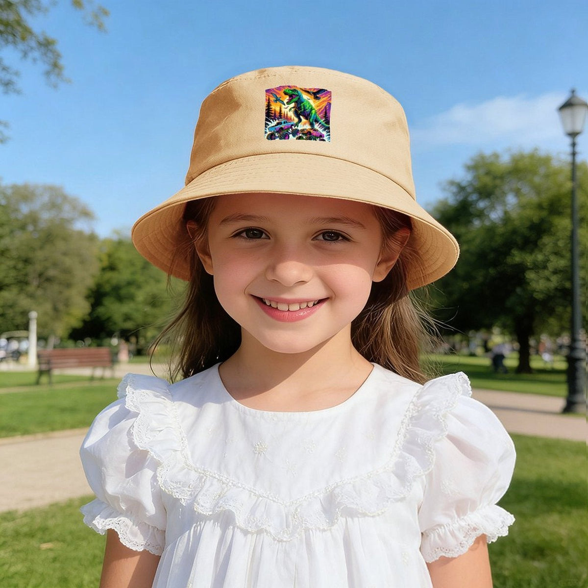 Giant Dinosaur Stomping Trucks Design Kid's Bucket Hat | Ships from USA