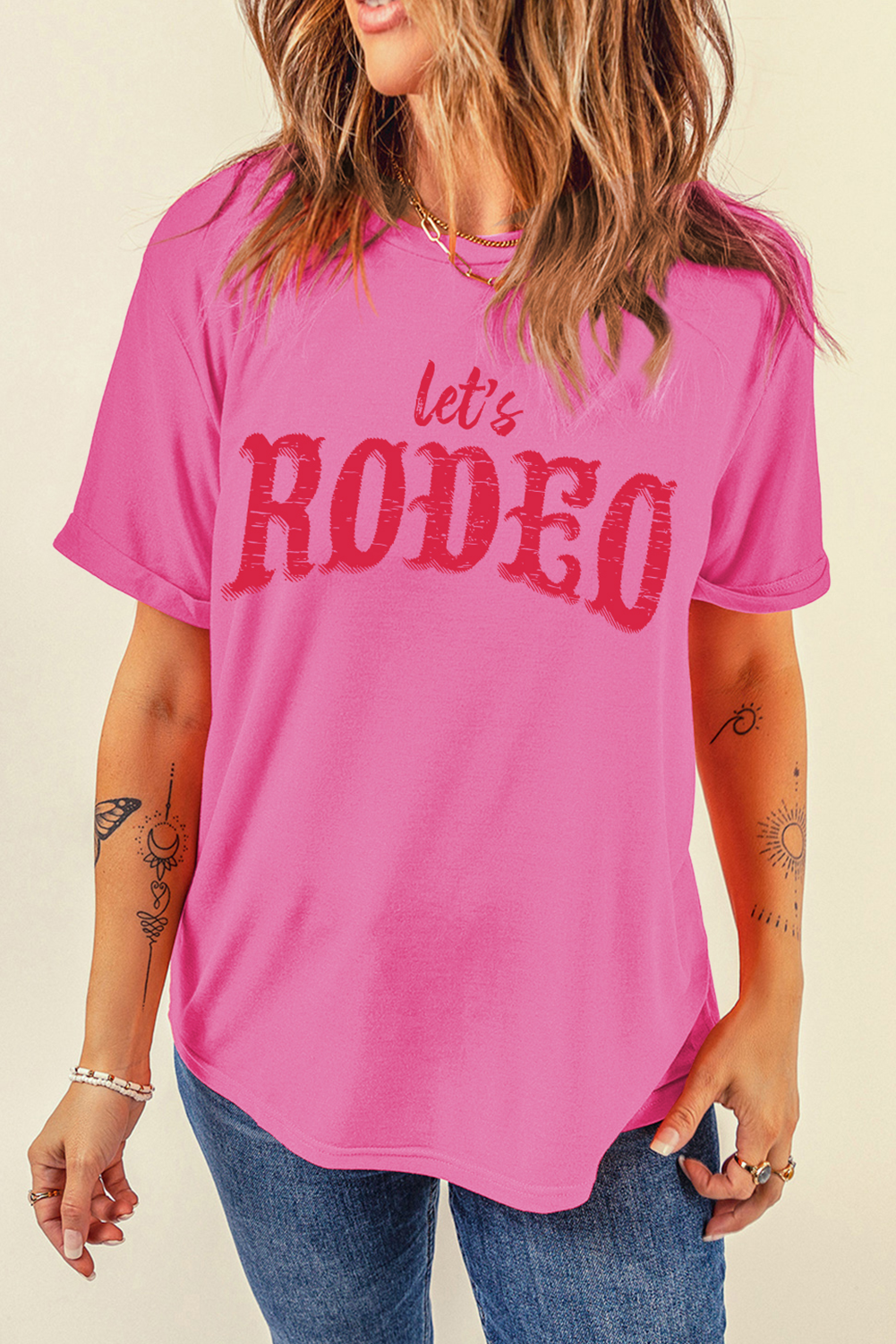Camiseta gráfica de cuello redondo Rose Red Lets Rodeo