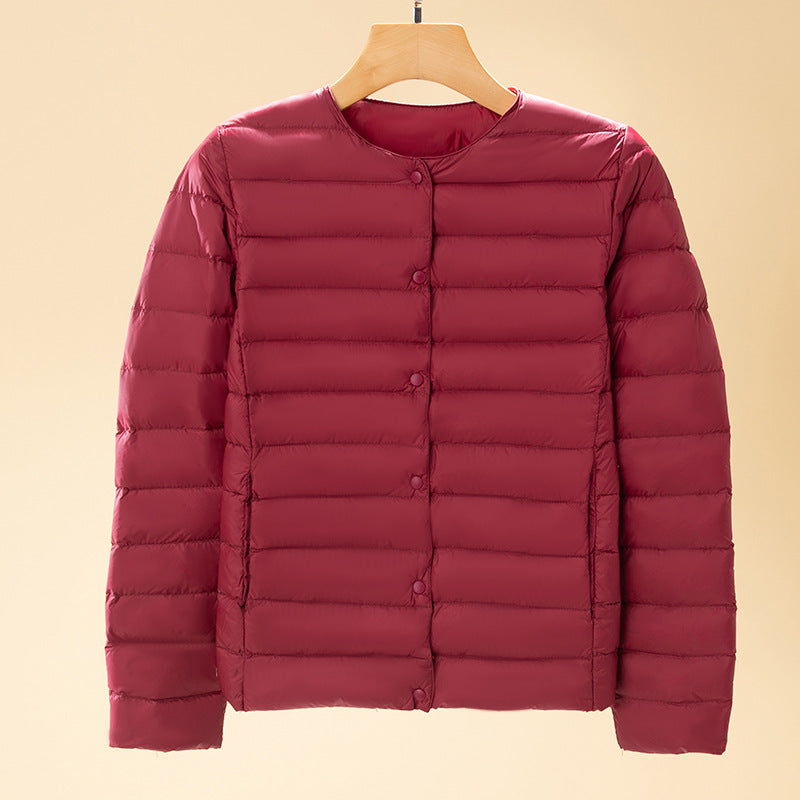 Round-neck Long-sleeved White Down Jacket In Large Size