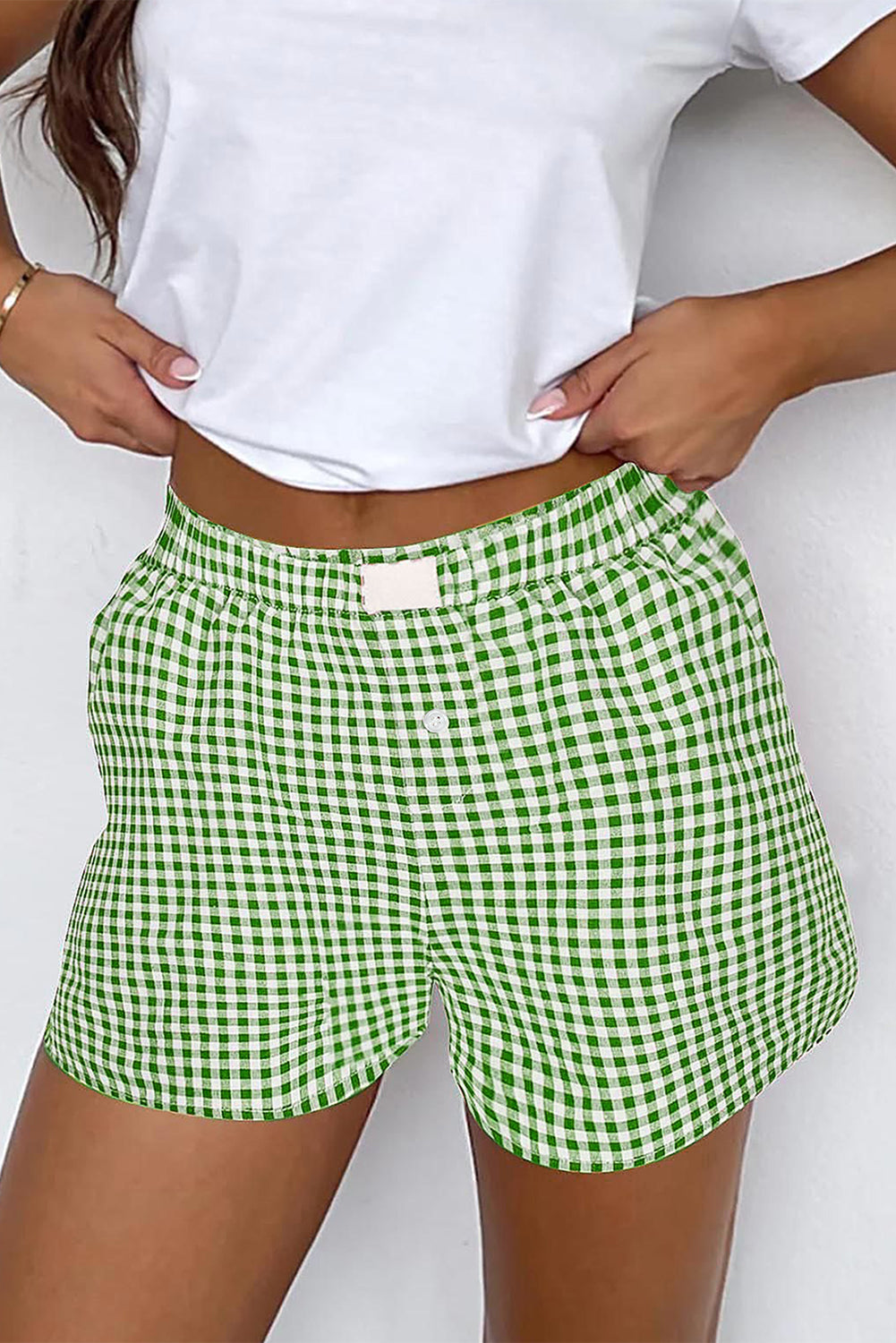 Shorts de pierna ancha sueltos de talle alto con estampado a cuadros vintage verde helecho