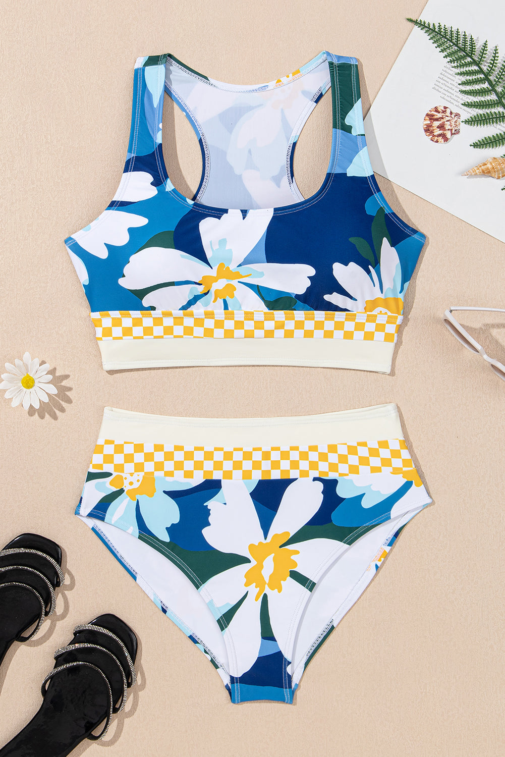 Bikini de Traje de Baño de Cintura Alta con Espalda Cruzada y Estampado Floral Verde
