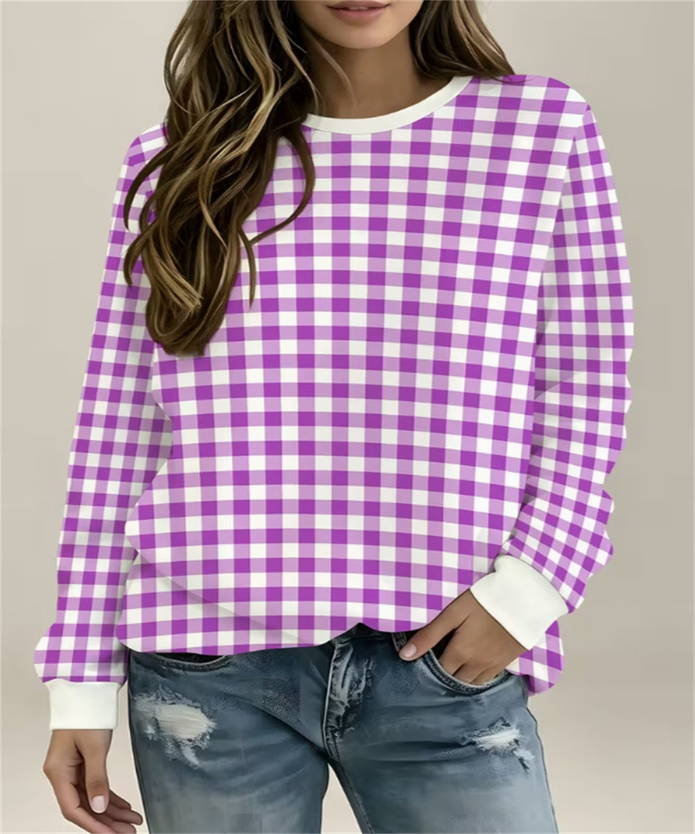 Women's Yellow White Gingham Print Crew Neck Sweatshirt, Long Sleeve Casual Pullover Top