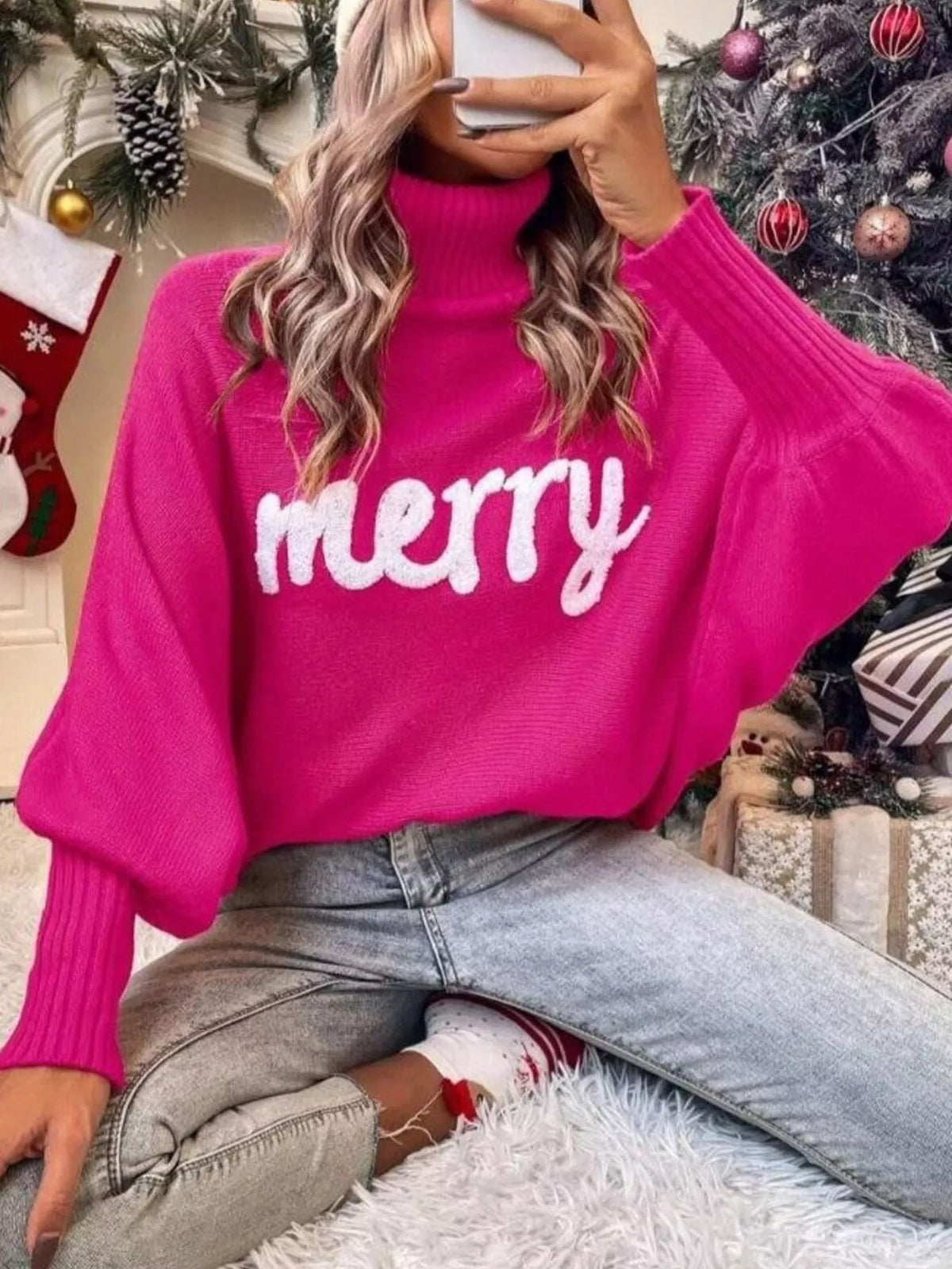 Merry Turtleneck Long Sleeve Christmas Sweater