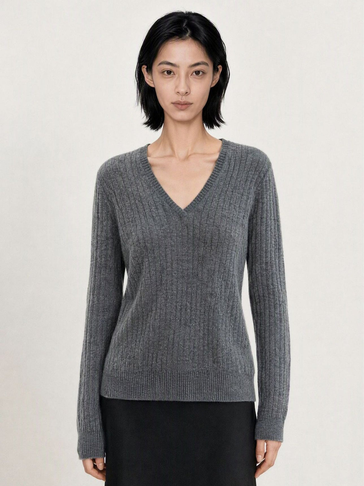 Ribbed V-Neck Ultrafine Merino Wool & Cashmere-Silk Blend Knit Sweater