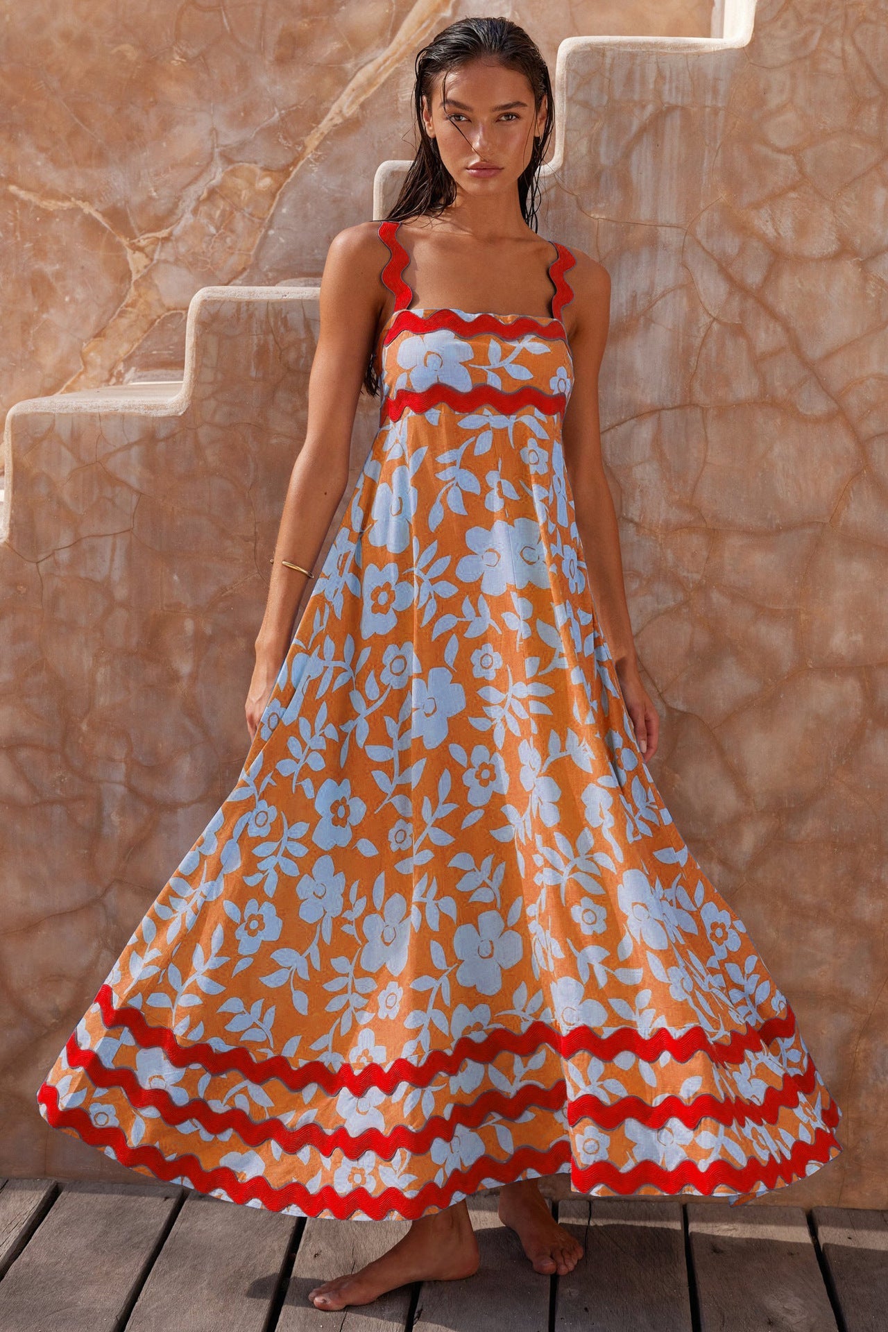 Flowers Print Wavy Pattern Suspender Long Dress For Women Fashion A-Line Beach Dresses Womens Clothing See size chart under “more details”