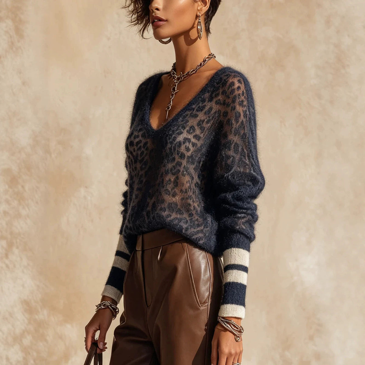 Leopard-print Mohair V-neck Sweater For Women