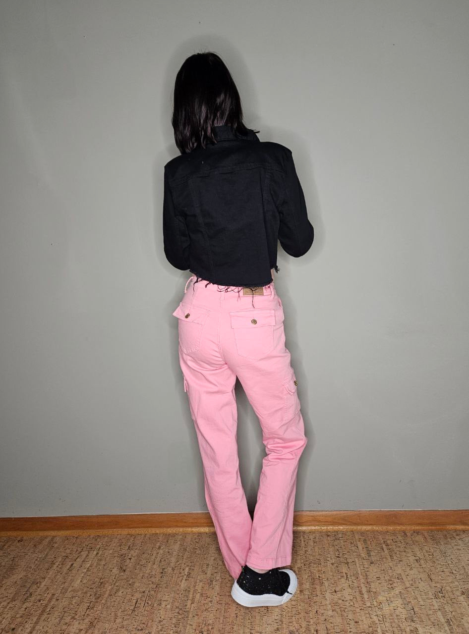 Peggy High Rise Cargo Straight Jeans in Pink