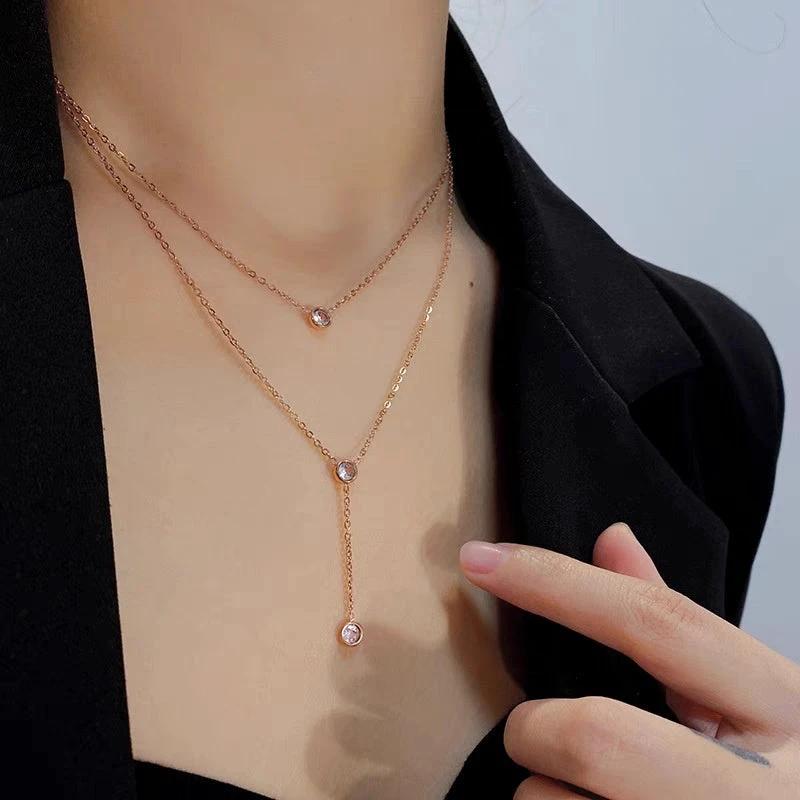 Single rhinestone Zircon Tassel Titanium Steel Necklace For Women