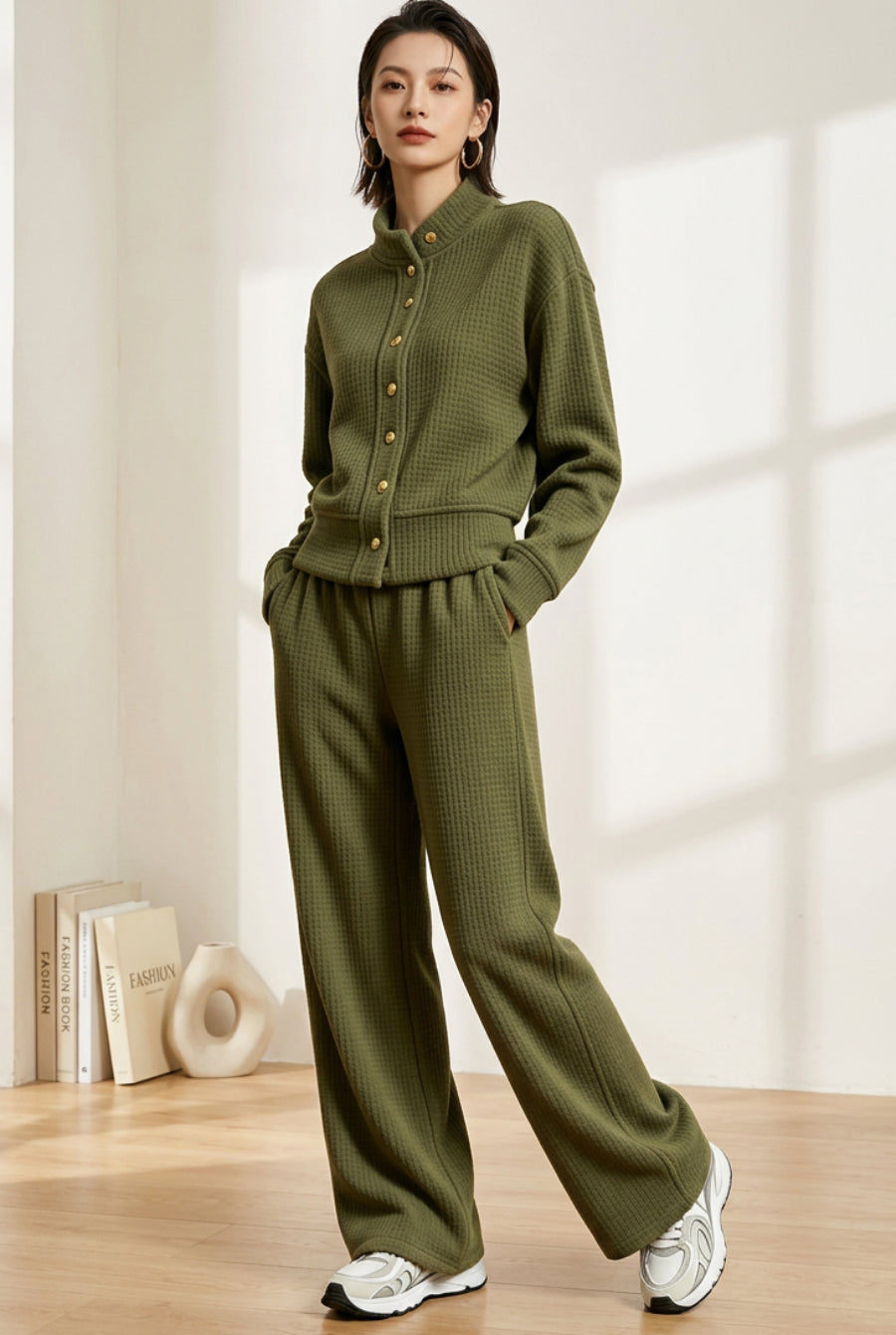 Women's Waffle Stand-Collar Cardigan & Wide-Leg Pants Set