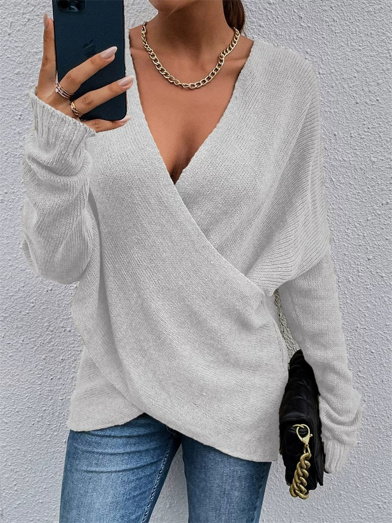 Autumn Winter Fashion V-neck Cross Knit Women Sweater Tops