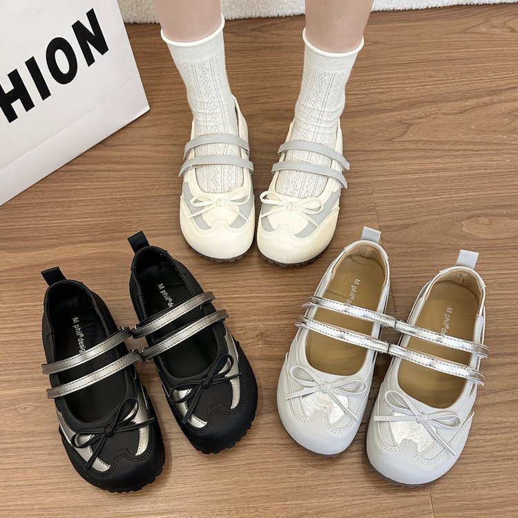 Women Sweet Bow Knot Double Strap Mary Jane Flats, Two Tone Spliced Round Toe Non Slip Casual Flat Shoes