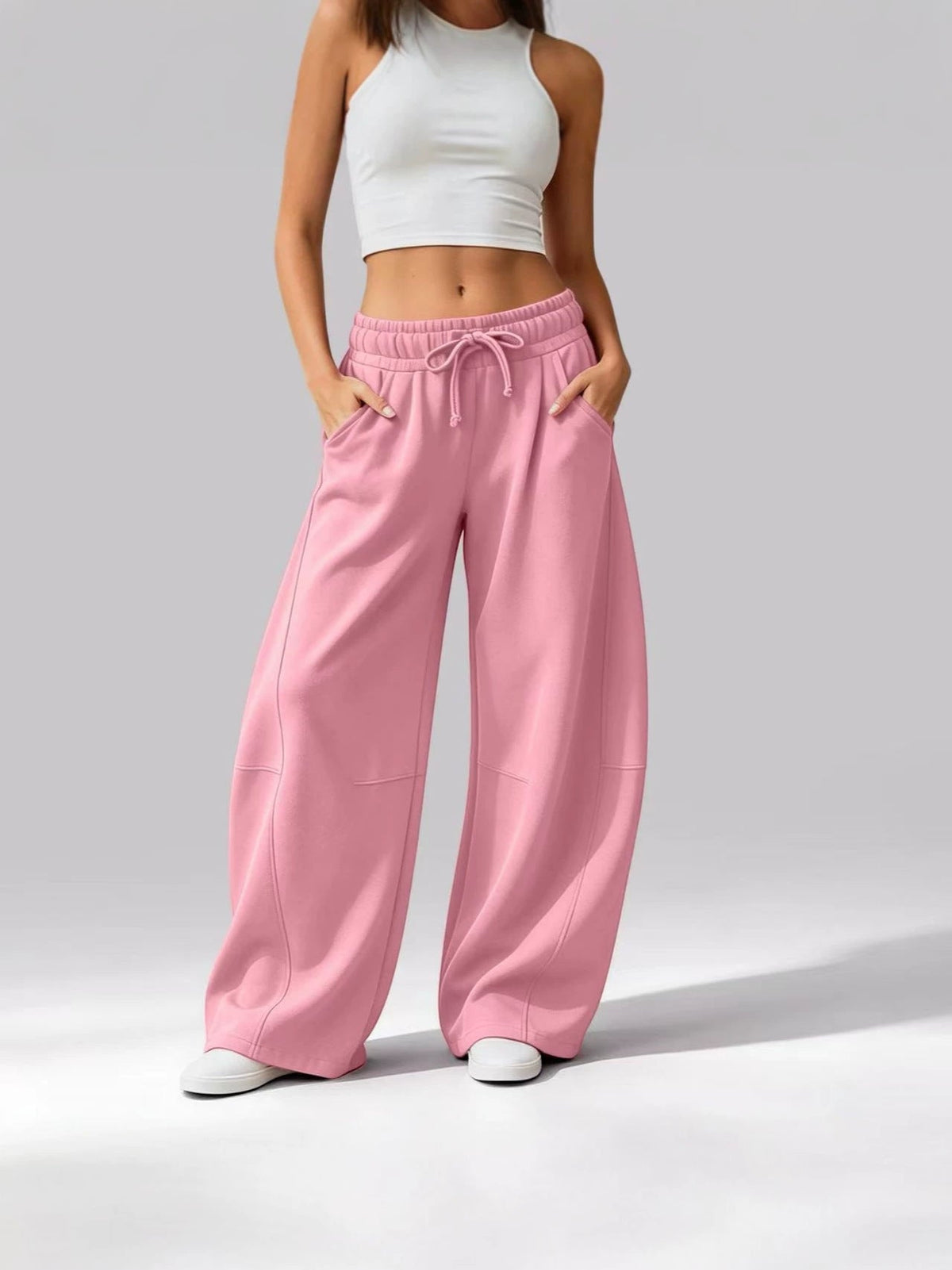 Women's Solid Color Casual Pocket Wide-Leg Pants, Fleece-Lined Drawstring Sweatpants