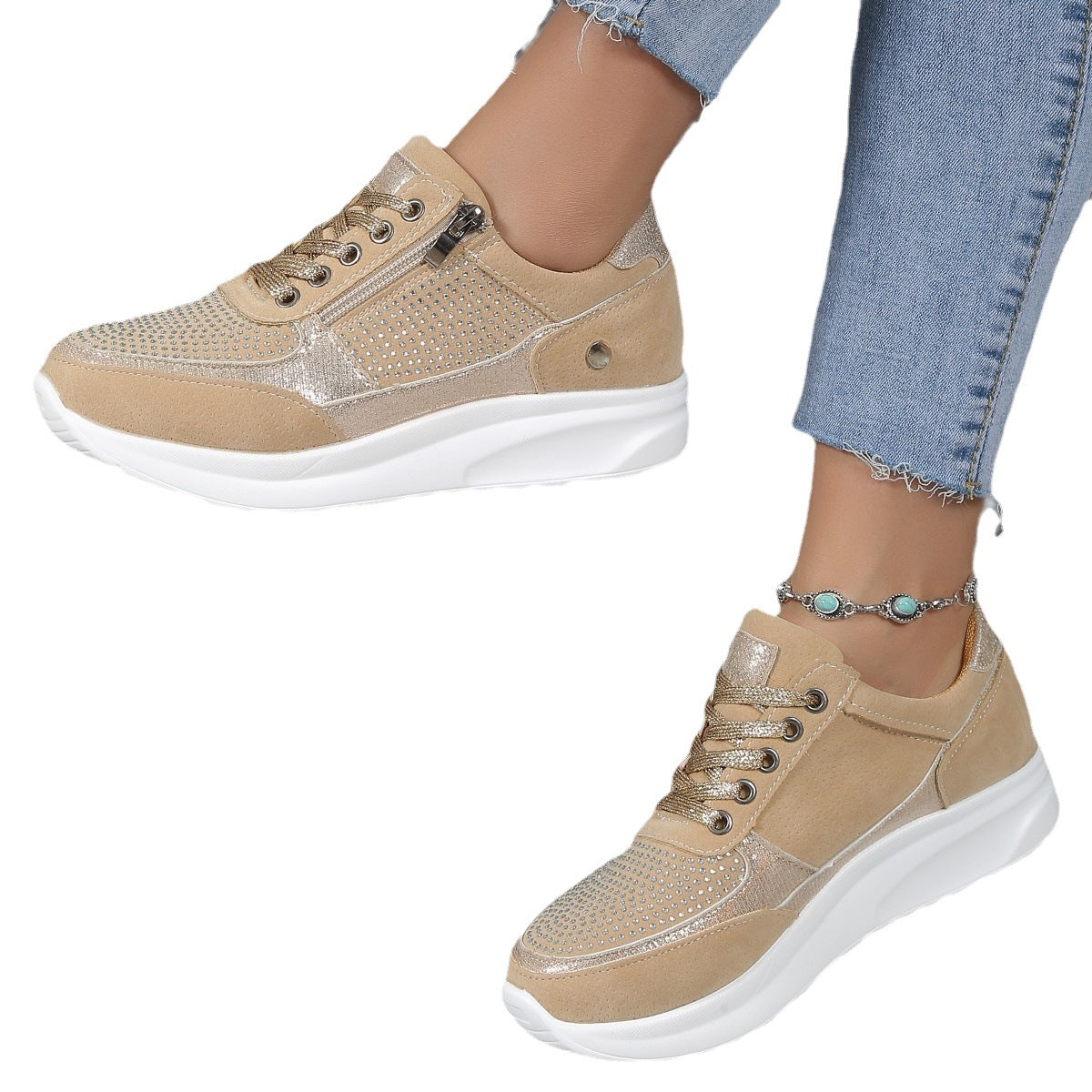 Women's Flat Round-Toe Rhinestone Pumps Sports Casual Loafers