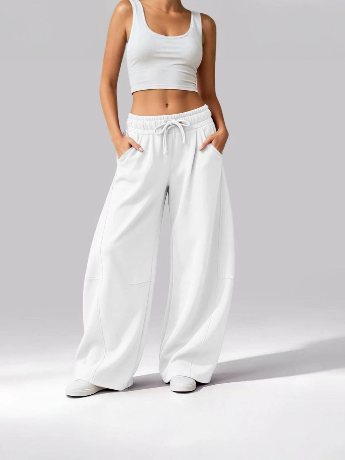 Women's Solid Color Casual Pocket Wide-Leg Pants, Fleece-Lined Drawstring Sweatpants