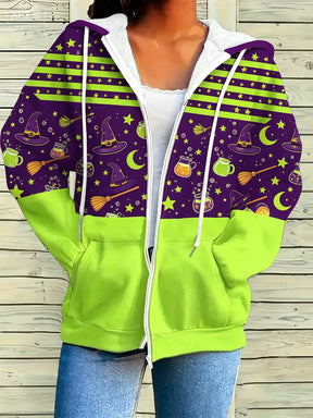 Women's Halloween-themed Printed Zip-up Hooded Jacket, Casual Long-sleeve Top, New Autumn American-style Sweatshirt