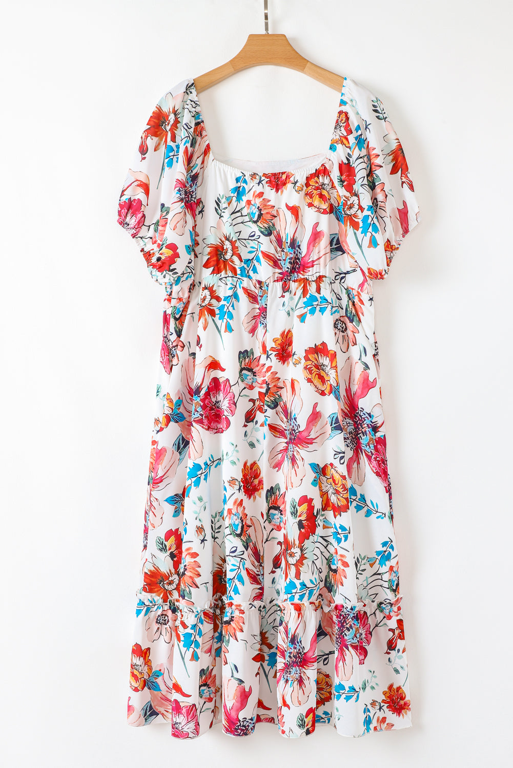 Vestido Midi Fluido de Talla Grande con Escote Cuadrado, Mangas Abullonadas y Estampado Floral Blanco