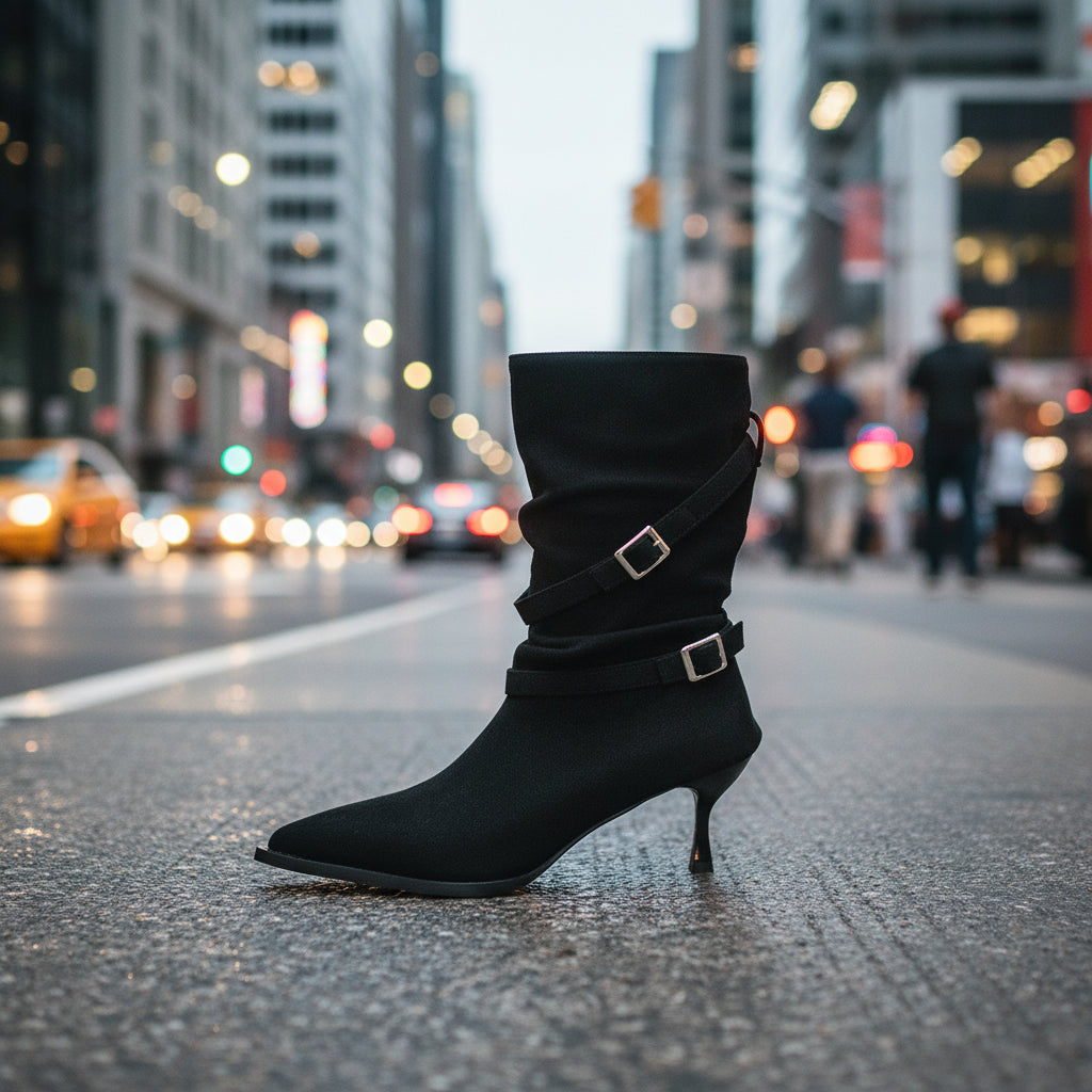 Botines de tacón de aguja de ante con punta para mujer