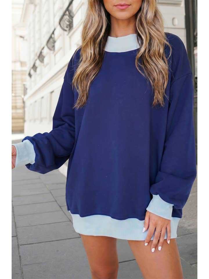 Womens Pullover Color-Block Fleece-Lined Long-Sleeve Sweatshirt